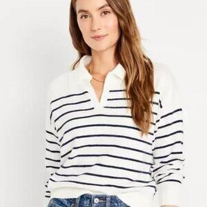 Old Navy | Women's V-Neck Collared Sweater | White and Navy Striped
